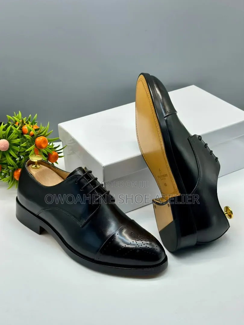 Black Leather Quarter-Brogue Derby Shoes,