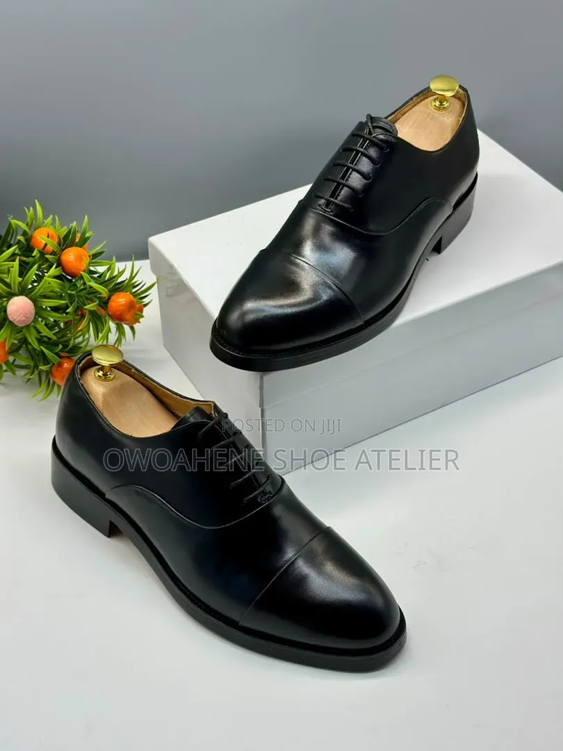 Black Leather Quarter-Brogue Derby Shoes,