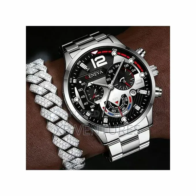 Men Luxury Quartz Business Casual Watch With Bracelet Cuban Chain