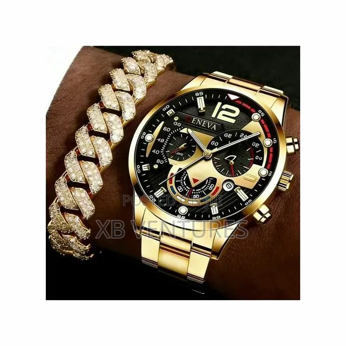 Men Luxury Quartz Business Casual Watch With Bracelet Cuban Chain