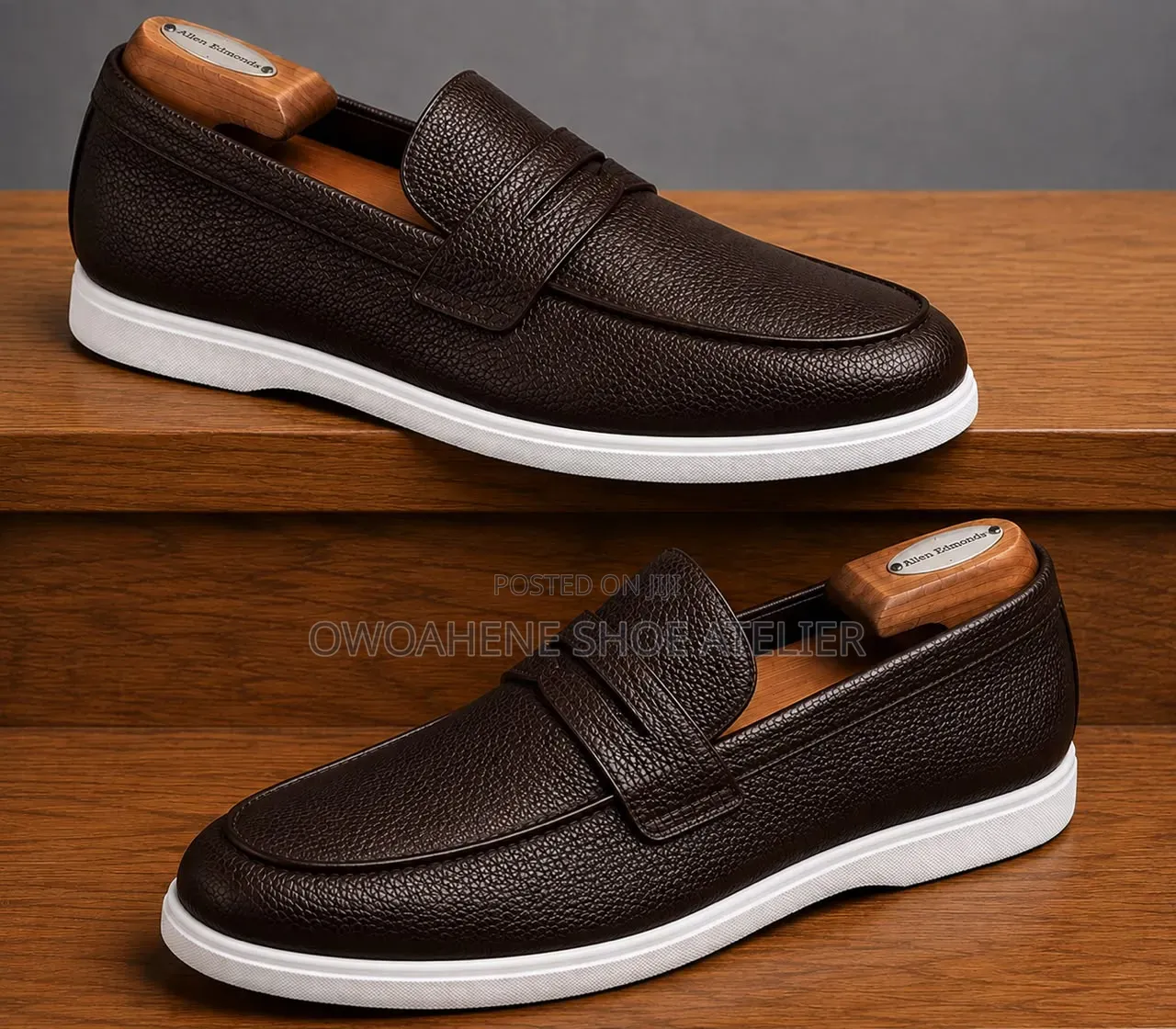 Brown Pebble-Grain Leather Penny Loafers With a Contrasting