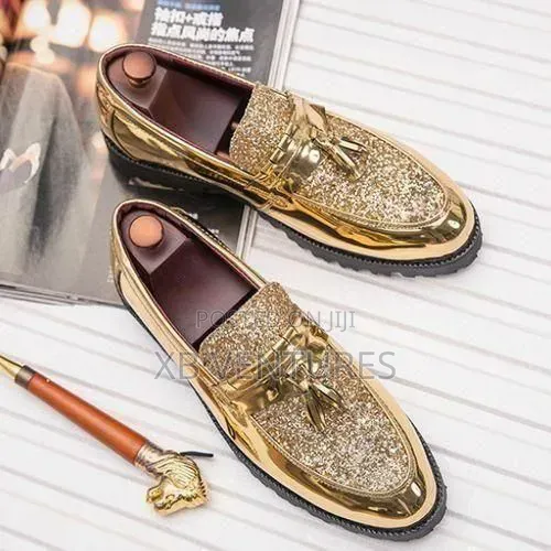 Men Glossy Tassel Brogue Shoes Loafers Formal Corporate Gold