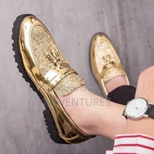Men Glossy Tassel Brogue Shoes Loafers Formal Corporate Gold