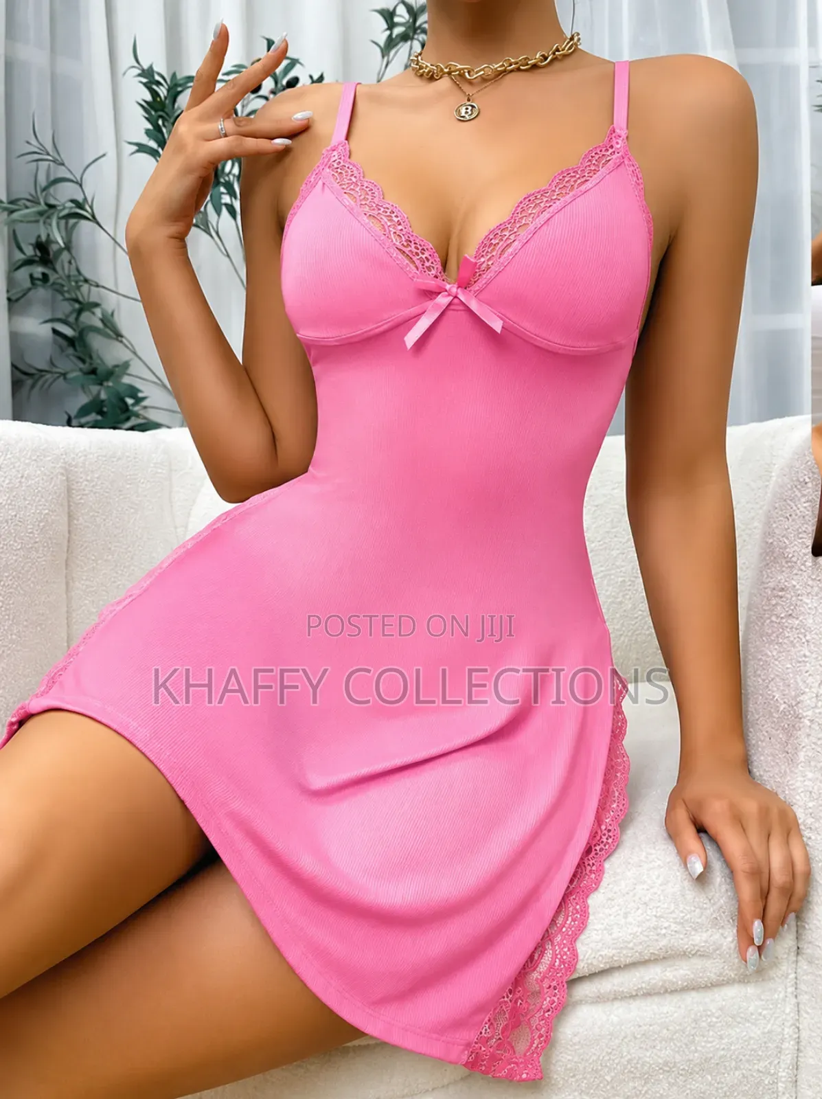 Pink Lace Trim Now Slip Dress- Lounch / Nightdress