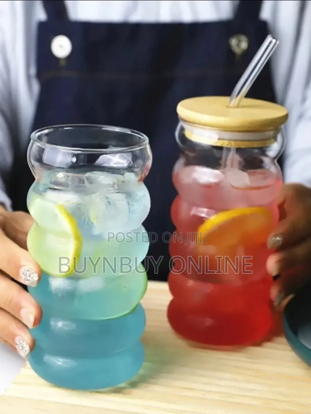 450ml Ribbed Glass Cup With Straw and Lid