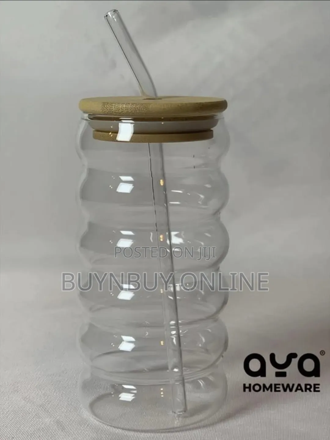 450ml Ribbed Glass Cup With Straw and Lid