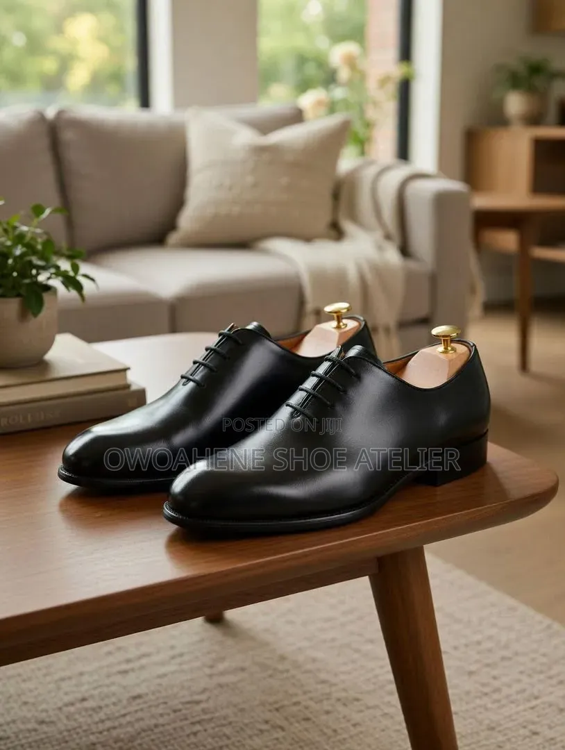 Black Leather Wholecut Oxford Shoes,