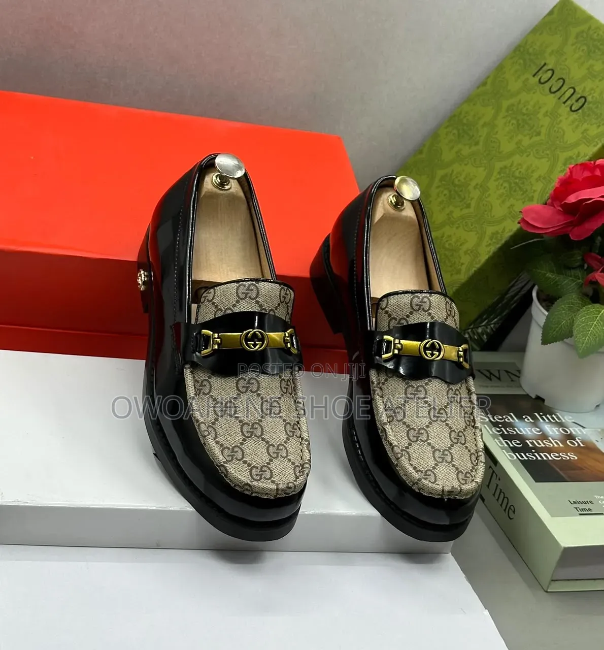 Gucci Cara Logo Canvas and Patent Leather Loafers