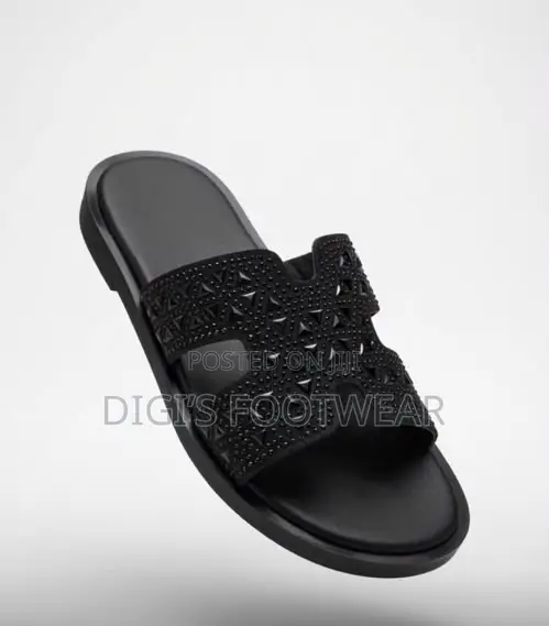 Black Hermes Rhinestone Leather Slipper