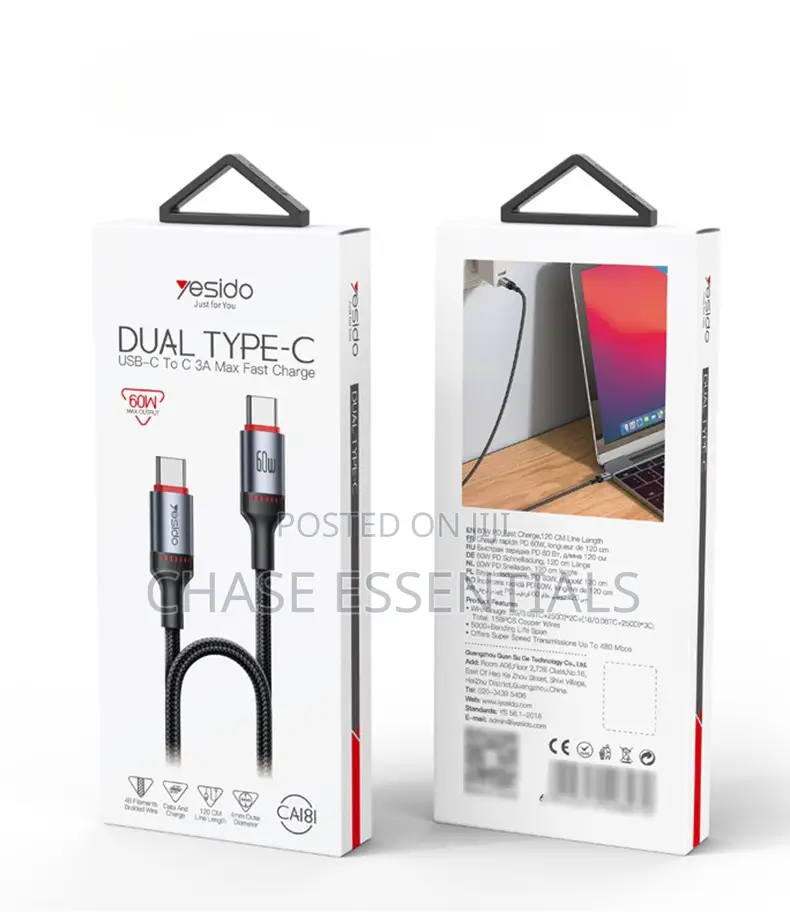 60W Type C to Type C Data Cable, 2m | Fast Charging Cable