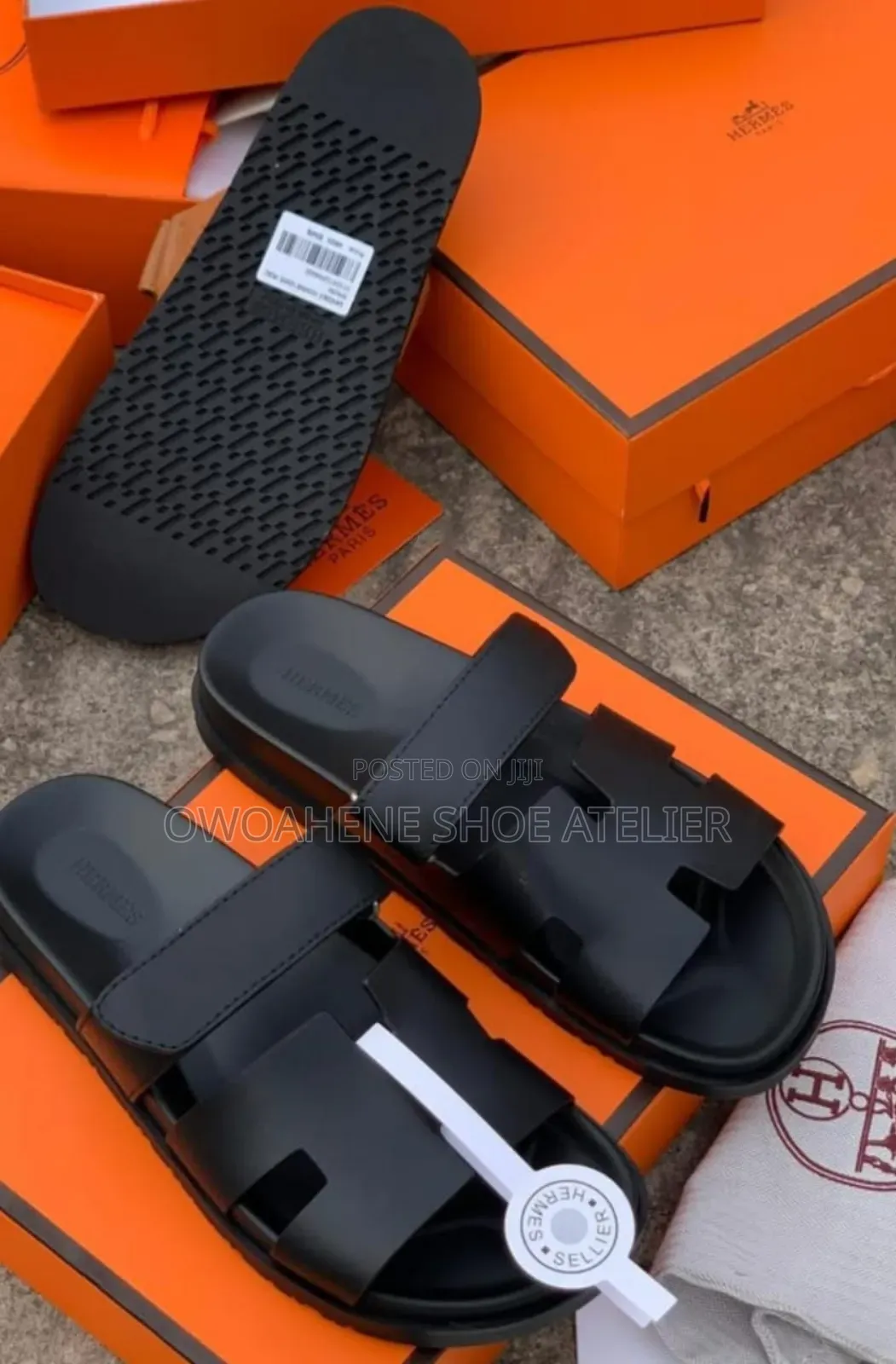 Pair of Hermès Chypre Sandals in the Classic "Noir" (Black) Color