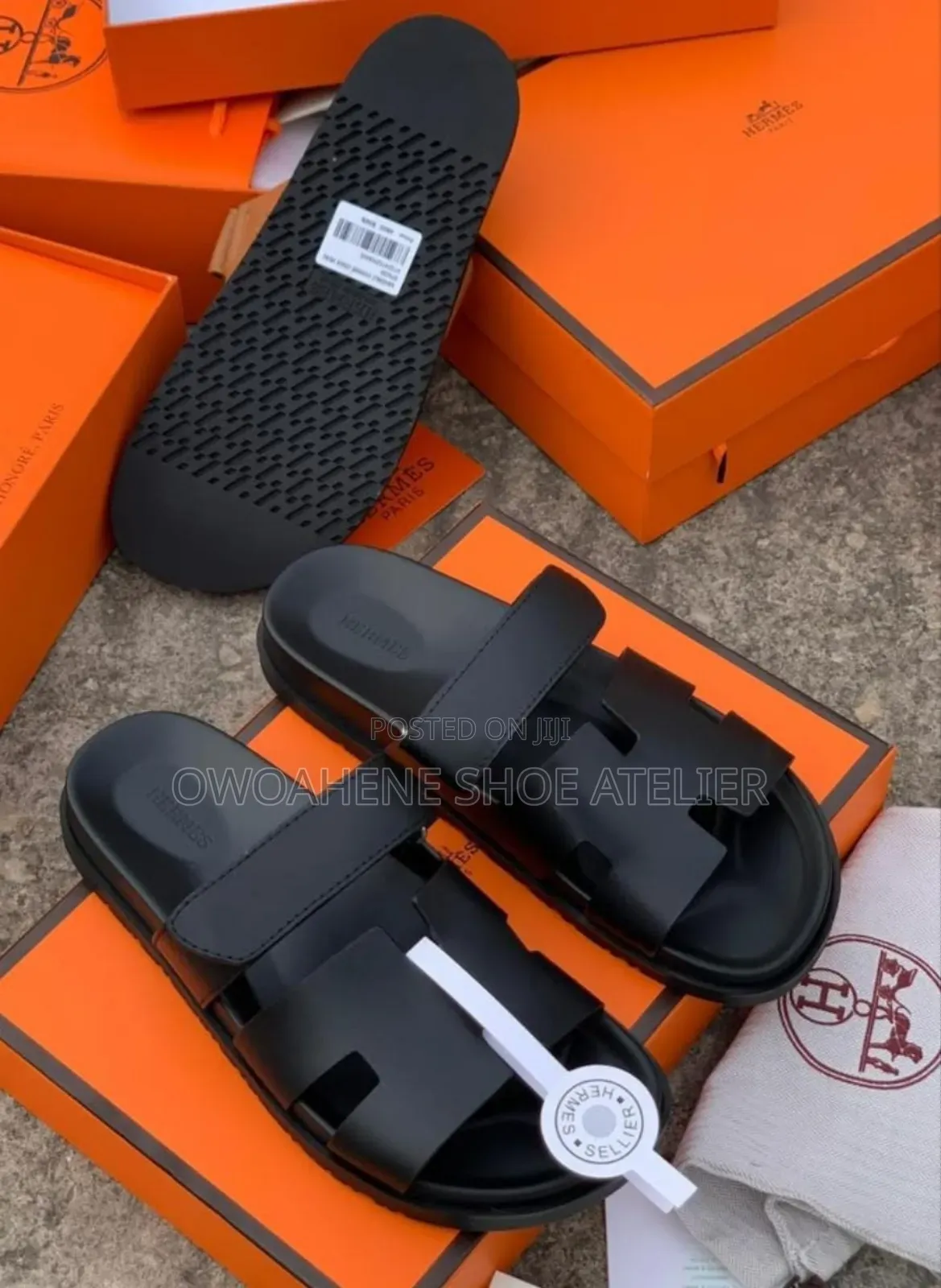 Pair of Hermès Chypre Sandals in the Classic "Noir" (Black) Color
