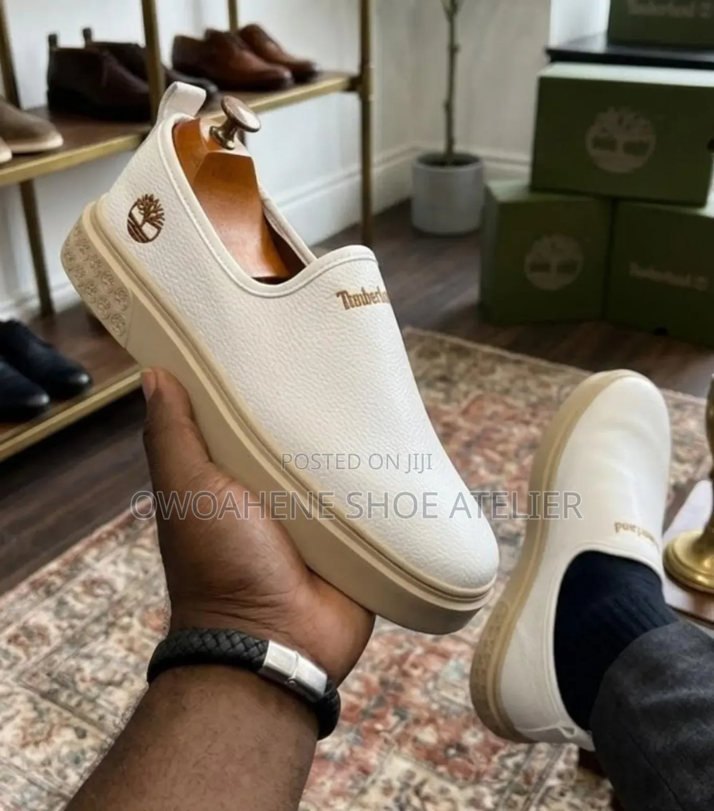 Timberland Men's Leather Slip-on Sneaker (White and Beige)