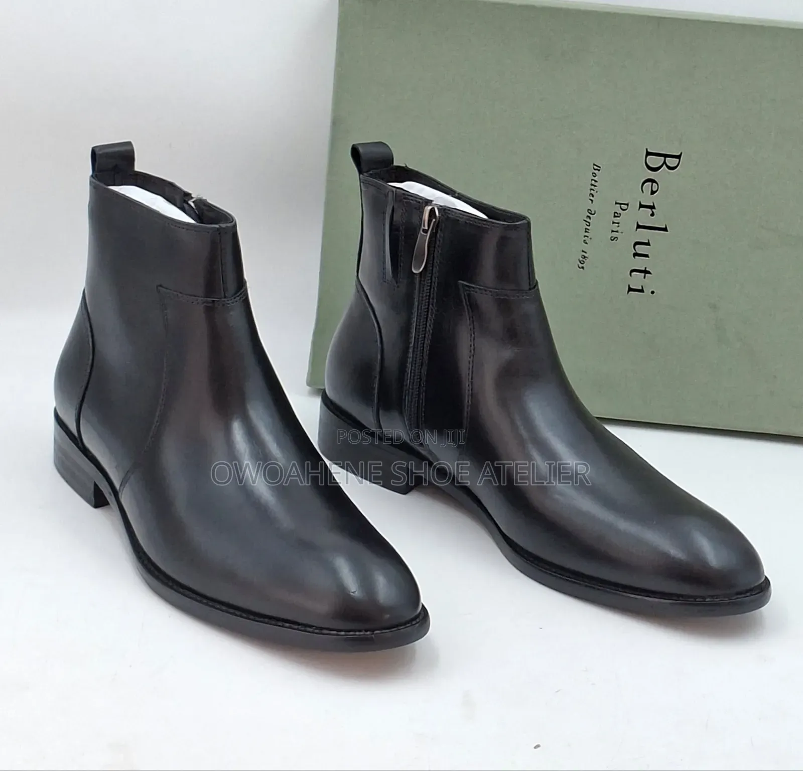 Men's Black Leather Dress Boots Featuring a Sleek Side-Zip Fastening.