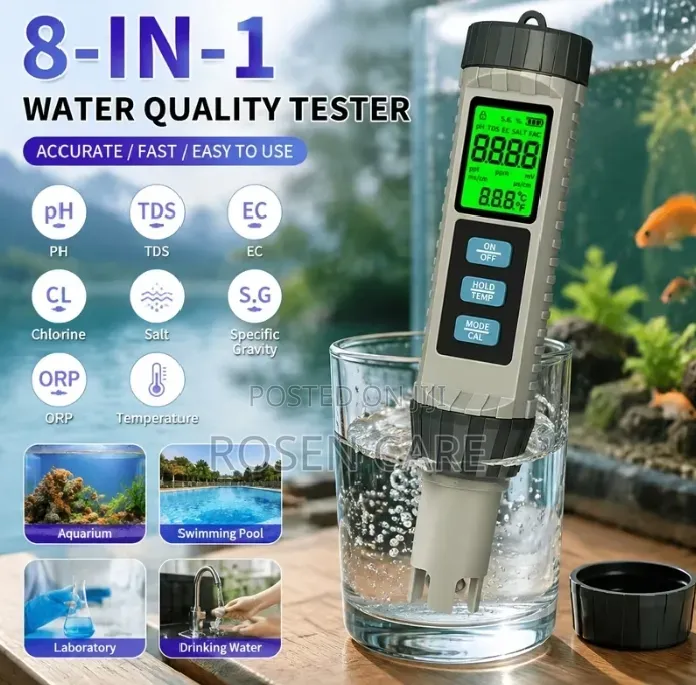 8-in-1 pH, EC, TDS, Salinity, Chlorine, ORP, S.G, Temp, Water Tester