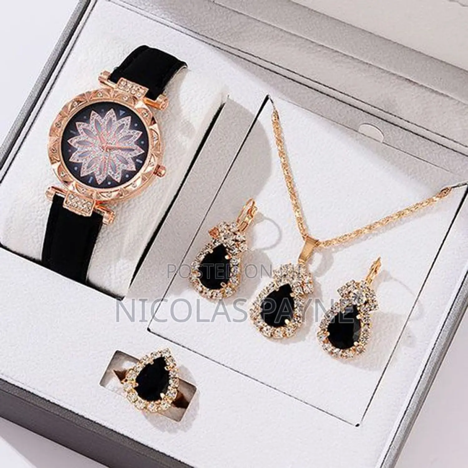 Elegant Ladies Quartz Watch Necklace Earrings Ring Set