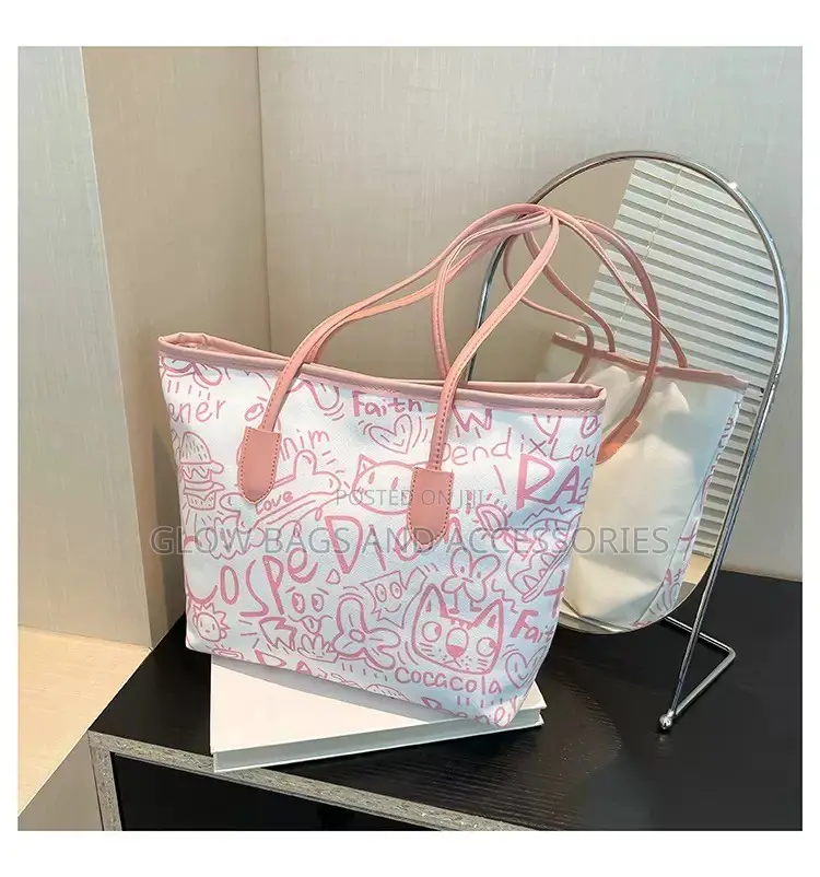 Pink White Doodle Cartoon Tote Bag