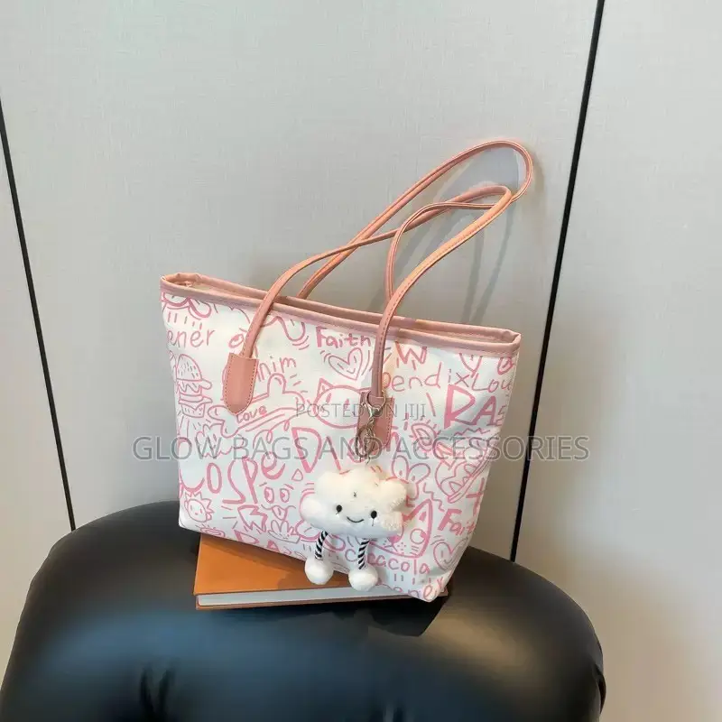 Pink White Doodle Cartoon Tote Bag