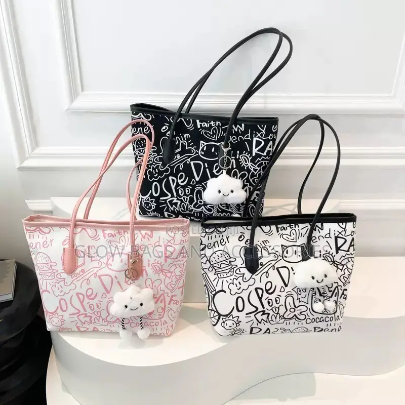Pink White Doodle Cartoon Tote Bag