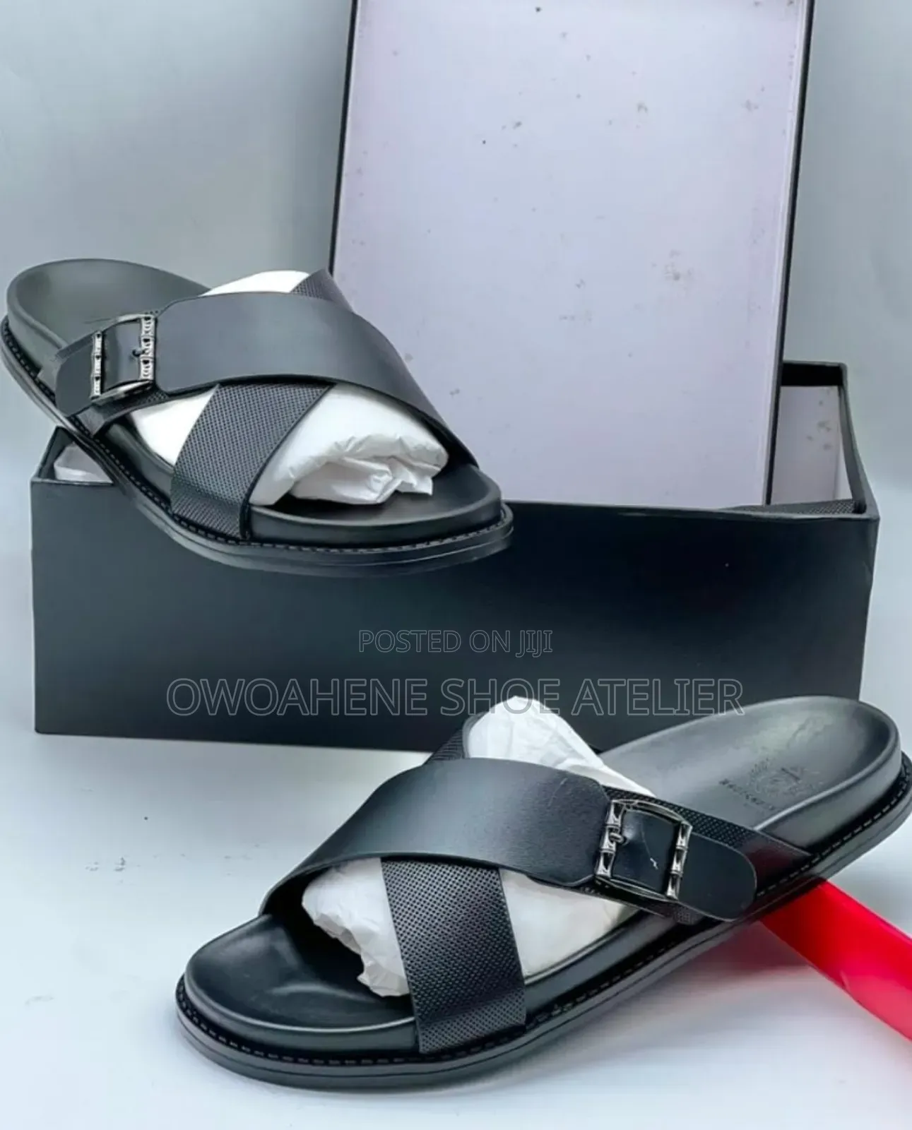 Men's Black Criss-Cross Leather Slide Sandals