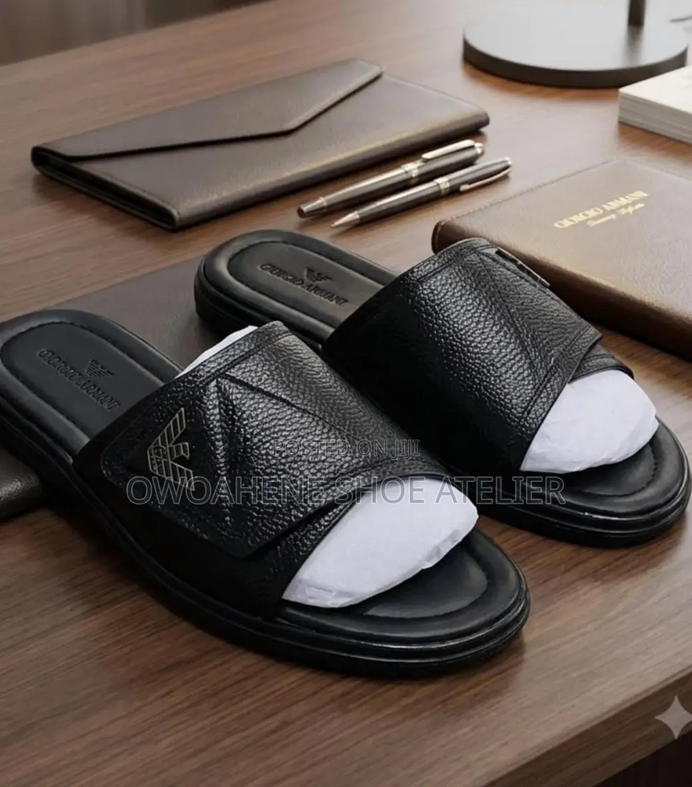 Giorgio Armani Pebble-Grain Leather Slides