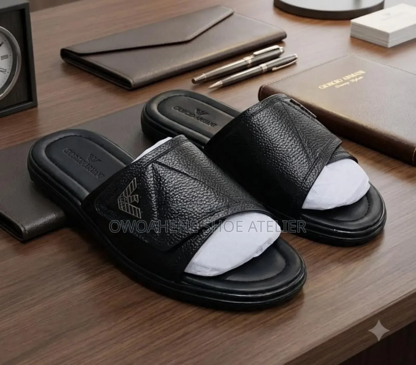 Giorgio Armani Pebble-Grain Leather Slides