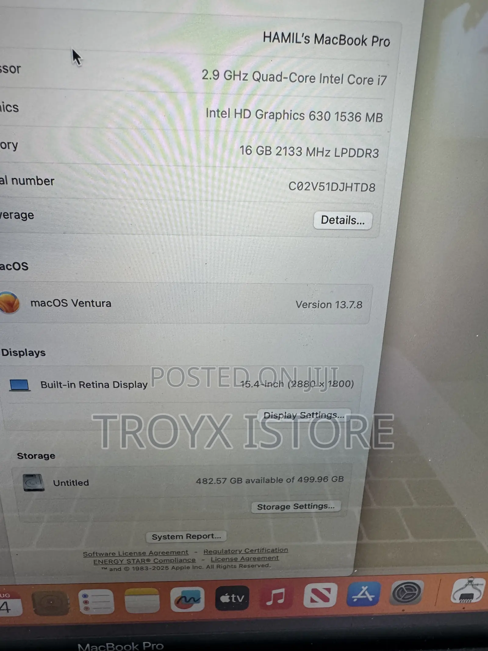 Laptop Apple MacBook Pro 2017 16GB Intel Core i7 SSD 512GB