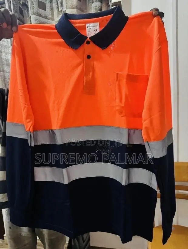 Orange Navy Long Sleeve Work Shirt - Reflective Safety Polo Pocket