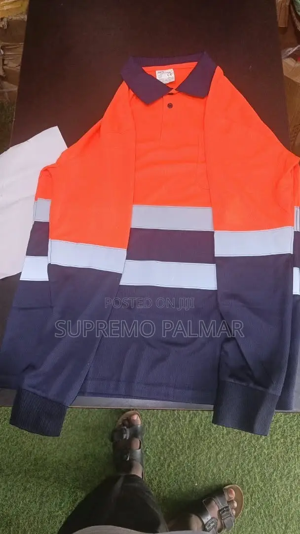 Orange Navy Long Sleeve Work Shirt - Reflective Safety Polo Pocket