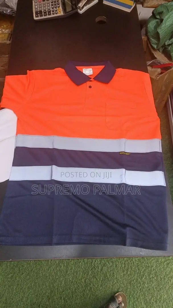 Orange Navy Long Sleeve Work Shirt - Reflective Safety Polo Pocket