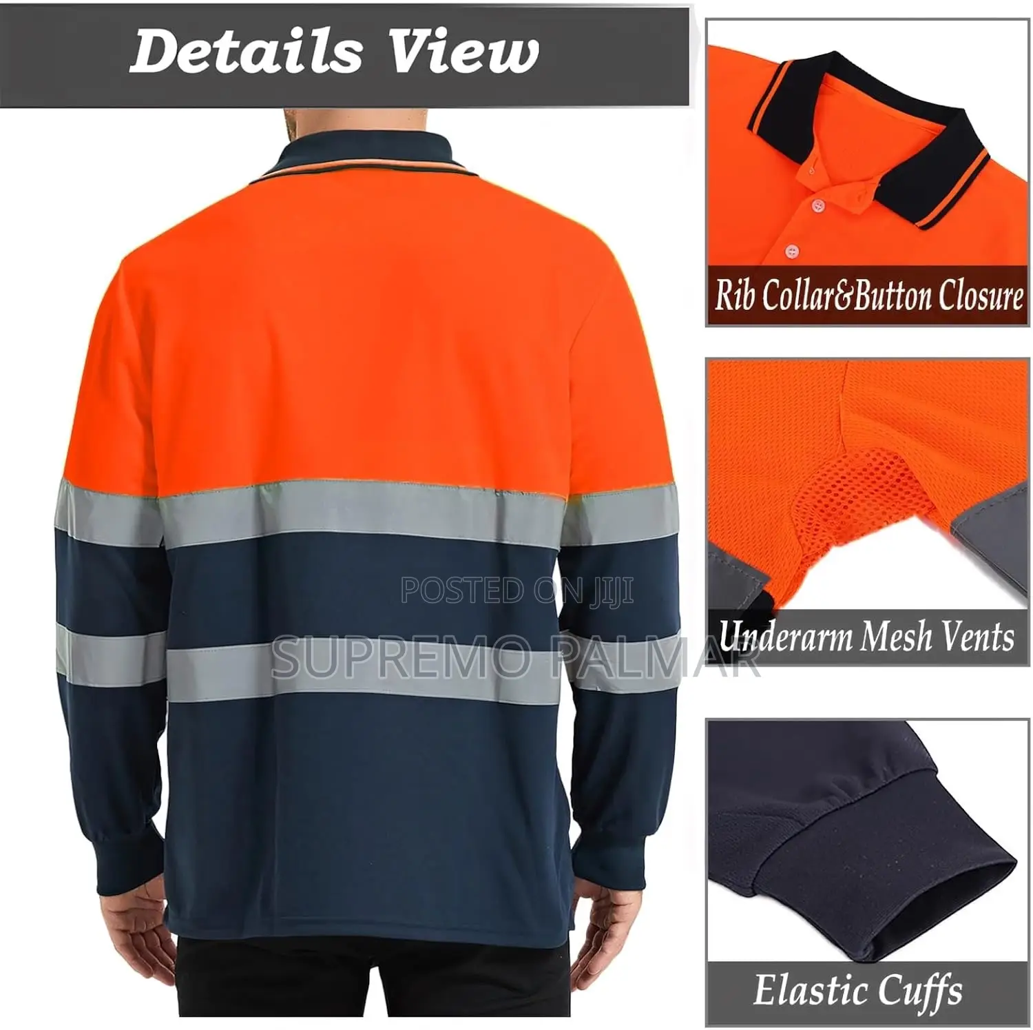 Orange Navy Long Sleeve Work Shirt - Reflective Safety Polo Pocket
