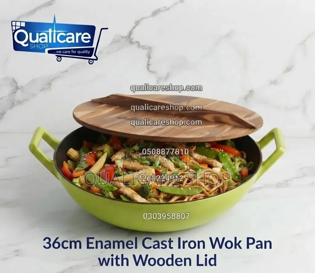 36cm Enamel Cast Iron Wok Pan With Wooden Lid