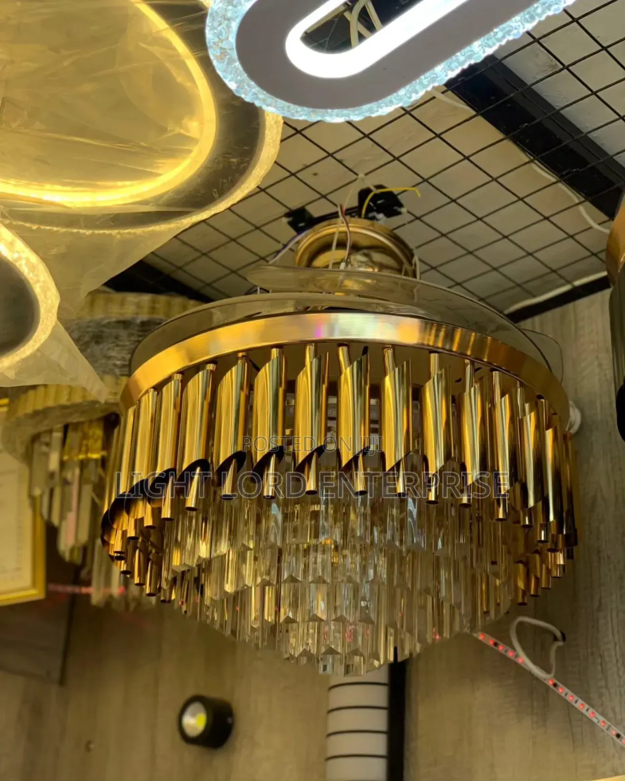 Space Saving Future Yellow Gold  Beautiful Chandelier Fan Light