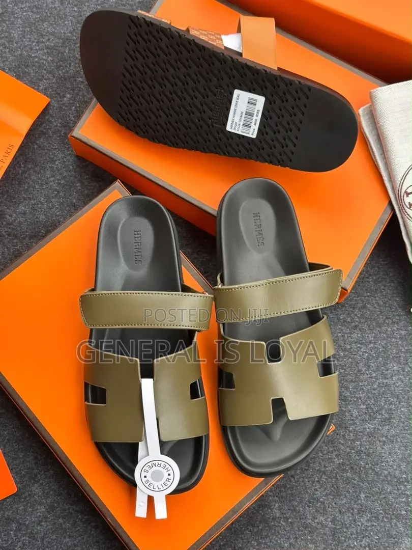 Hermès Chypre Sandals Slippers in Khaki Green Calfskin the Signature