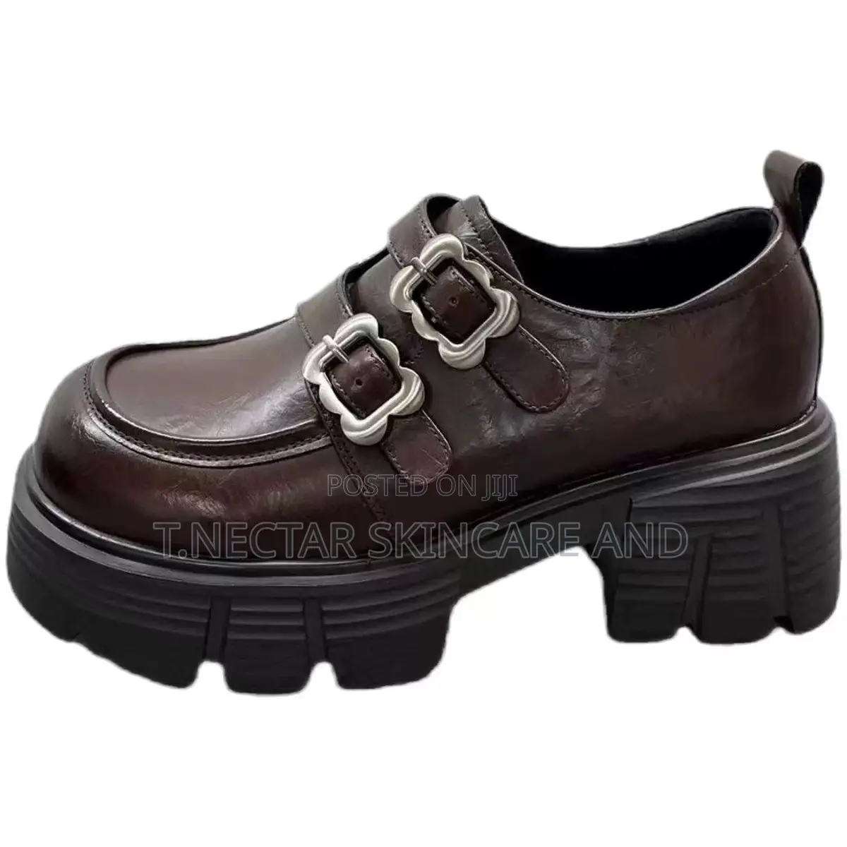 Dark Brown Double-Buckle Platform Loafers