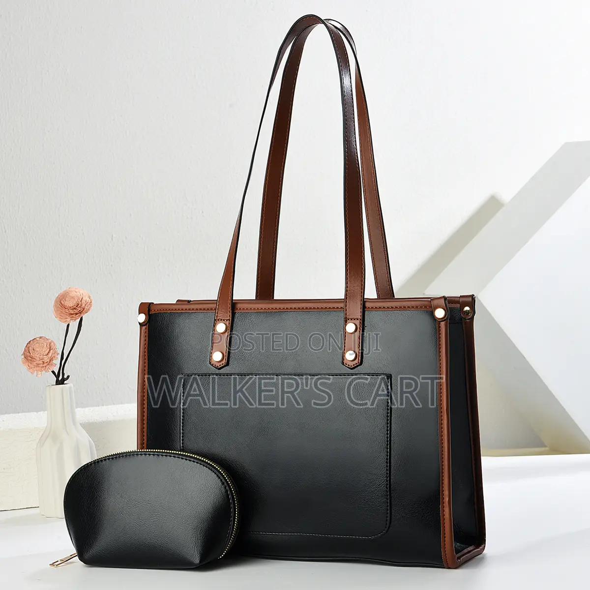 Womens 2Piece Shoulder Tote Bag Set With Front Pocket & Matching Pouch