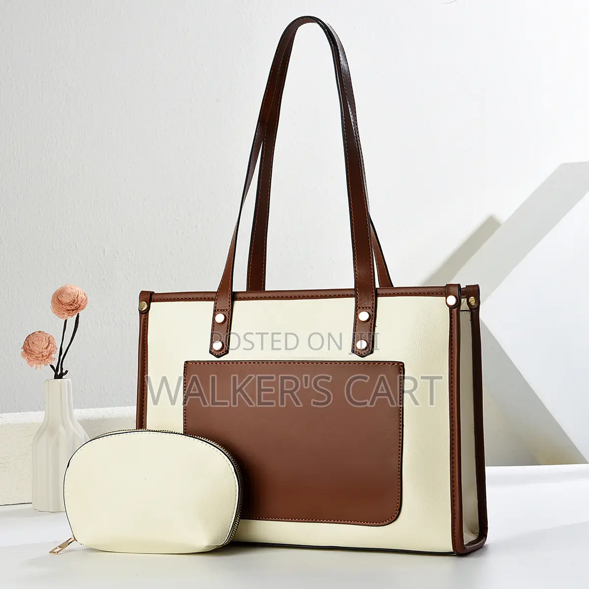 Womens 2Piece Shoulder Tote Bag Set With Front Pocket & Matching Pouch