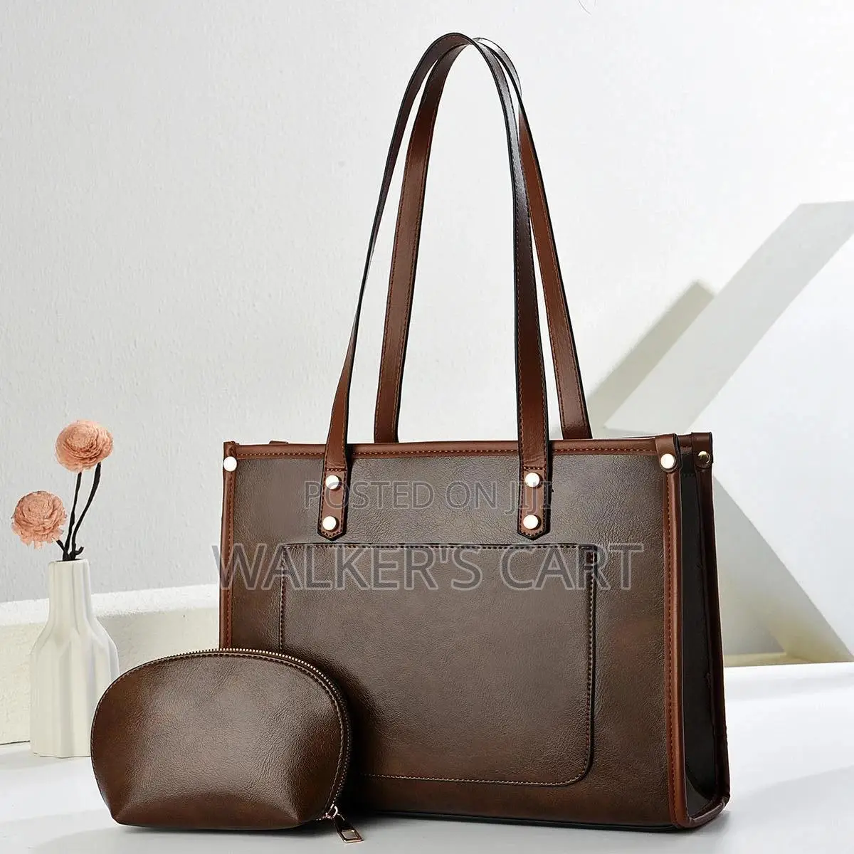 Womens 2Piece Shoulder Tote Bag Set With Front Pocket & Matching Pouch