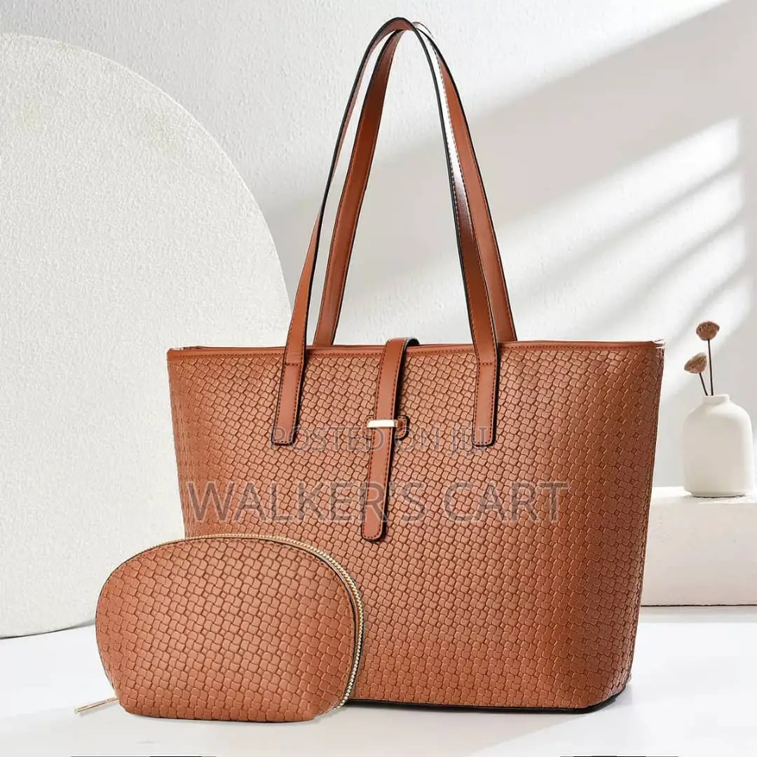 Woven Pattern Leather Tote Bag Set, 2-in-1 Women's Work Handbag