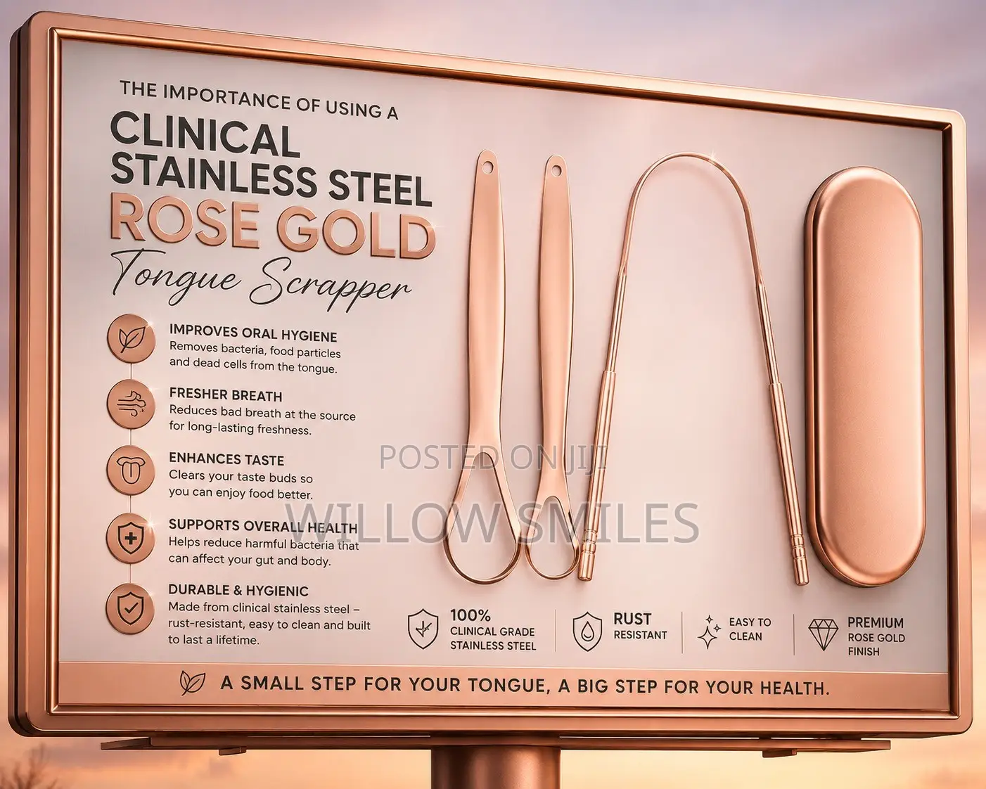 3-in-1 Clinical Stainless Steel Gold Tongue Scrapper in Case
