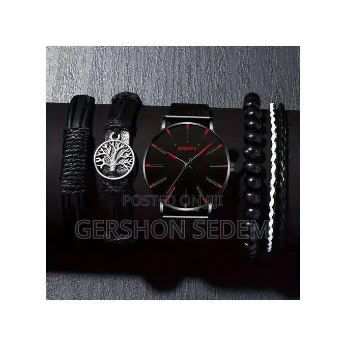 Men's Black 5-in-1 Stainless Steel Watch & Bracelet Set