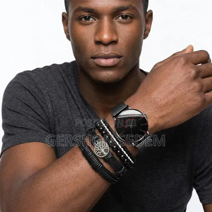 Men's Black 5-in-1 Stainless Steel Watch & Bracelet Set