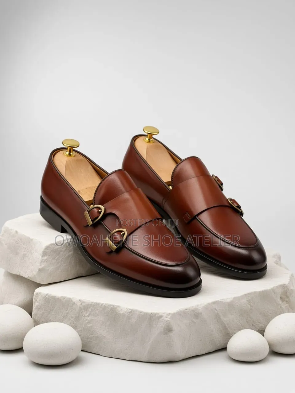 Brown Leather Double Monk Strap Slip-on Loafers.