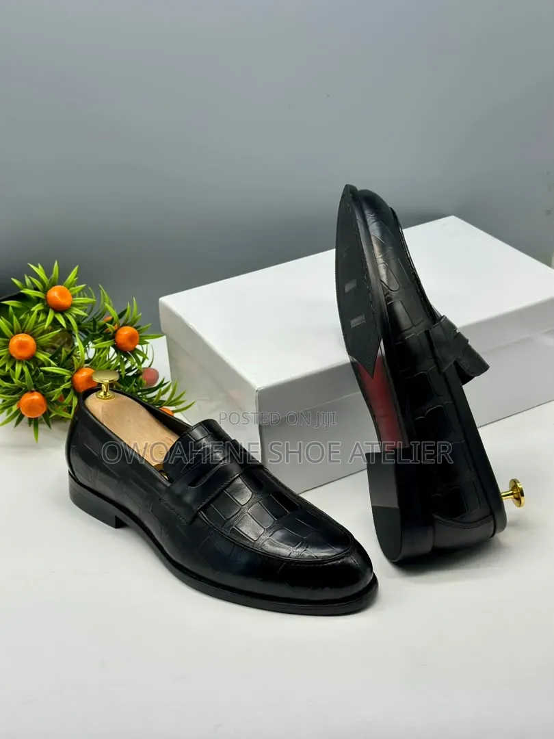 Black Crocodile-Embossed Leather Penny Loafers