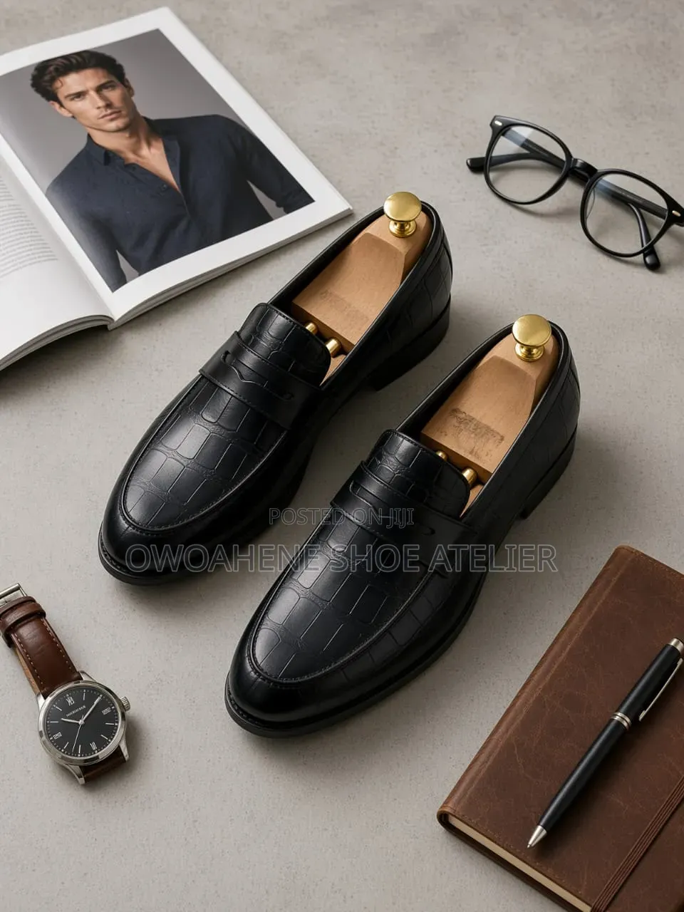 Black Crocodile-Embossed Leather Penny Loafers