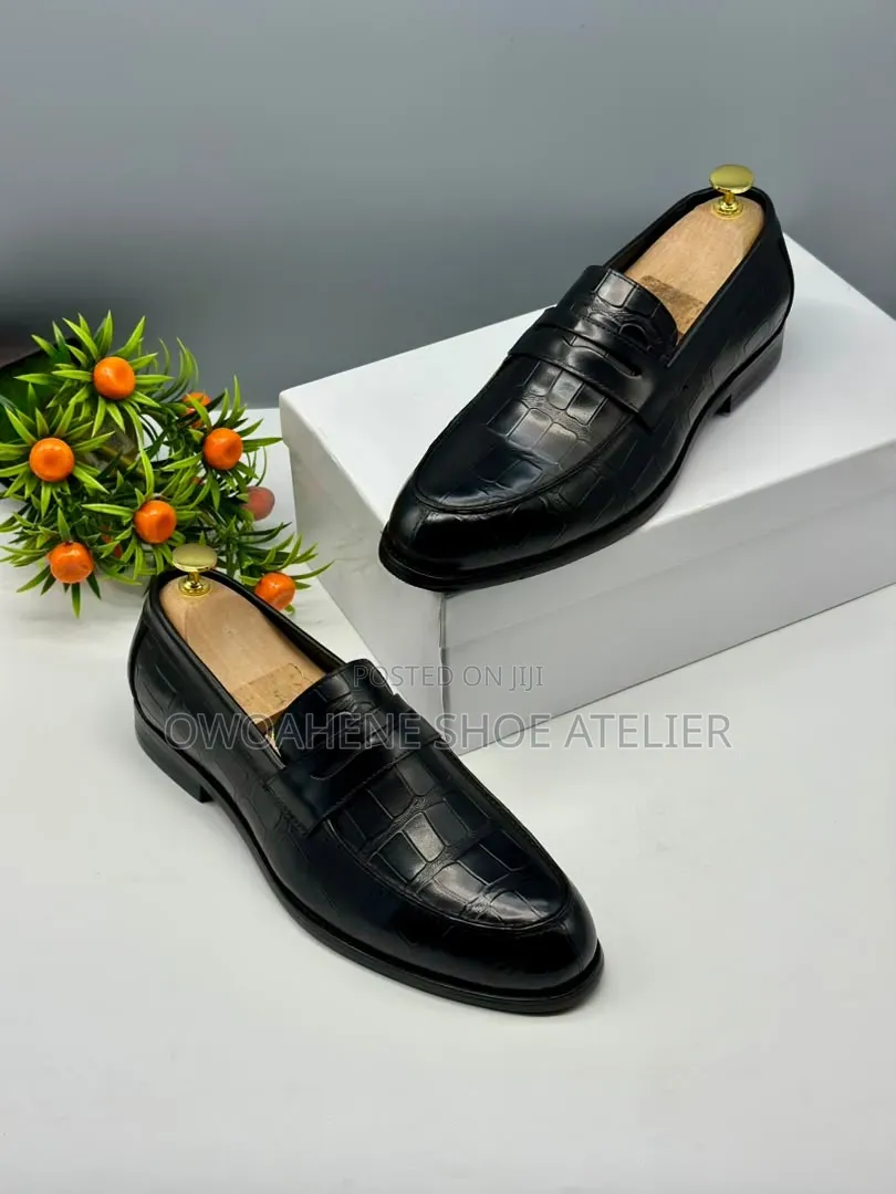Black Crocodile-Embossed Leather Penny Loafers