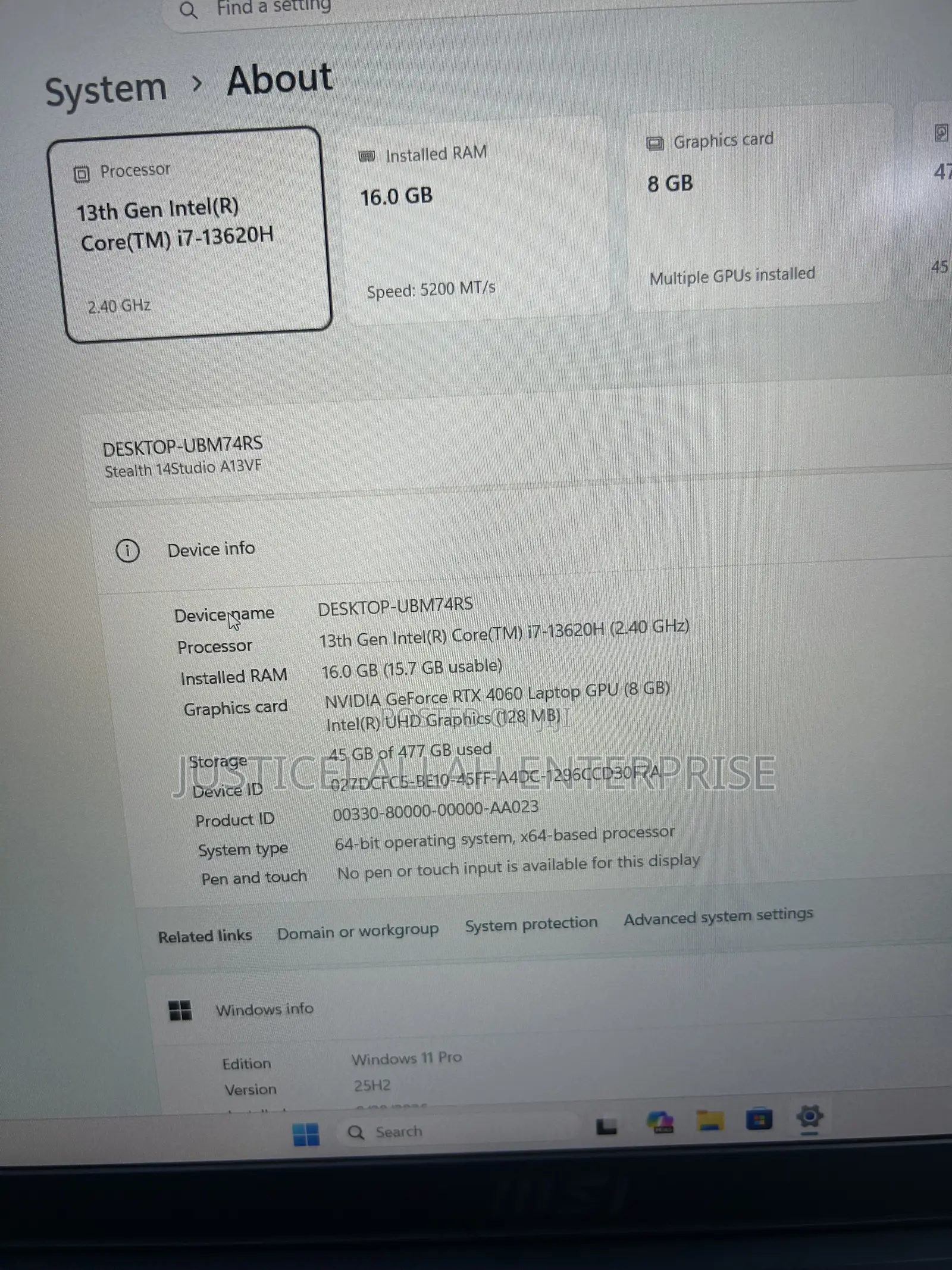 Laptop MSI Stealth 14 Studio A13VF 16GB Intel Core i7 SSD 512GB