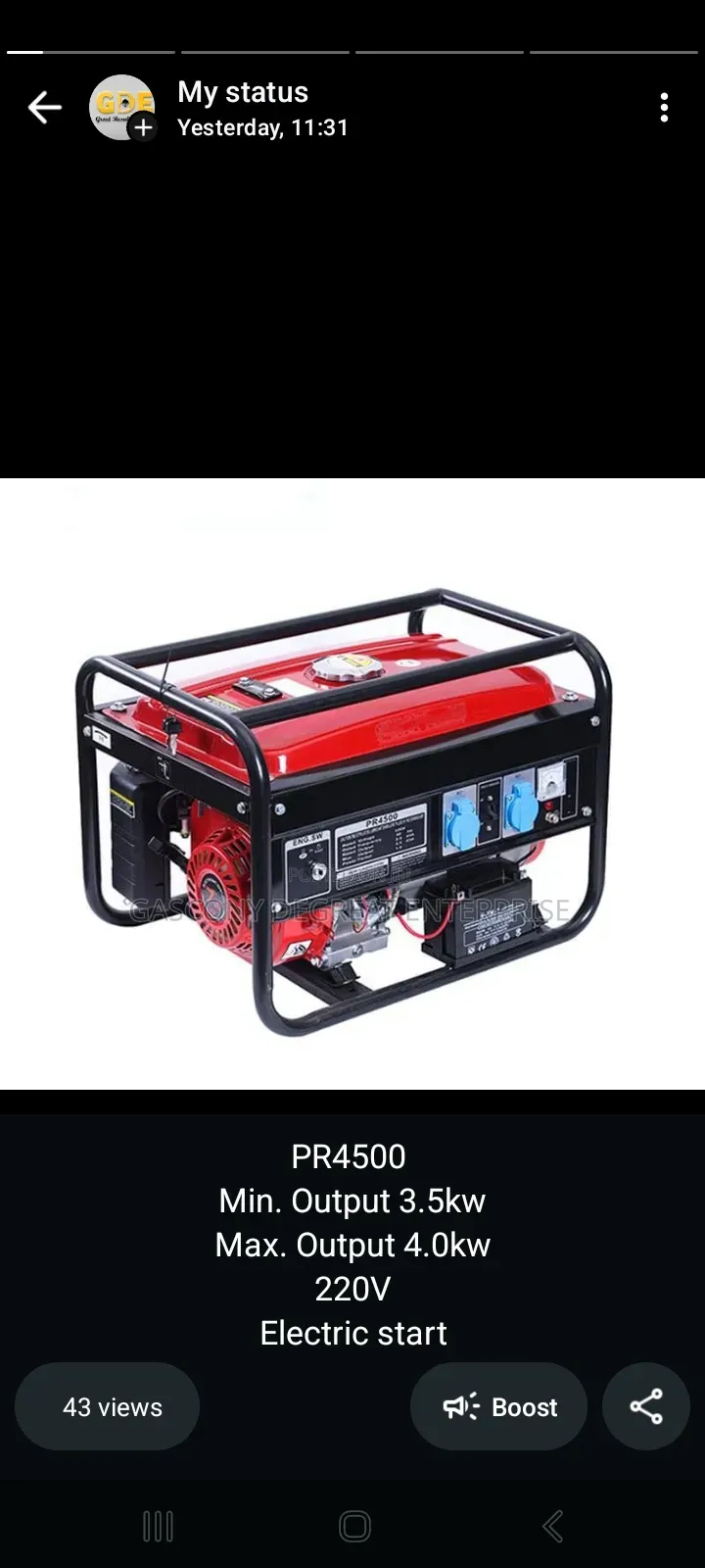 Gasoline Generator PR4500 3.5kw