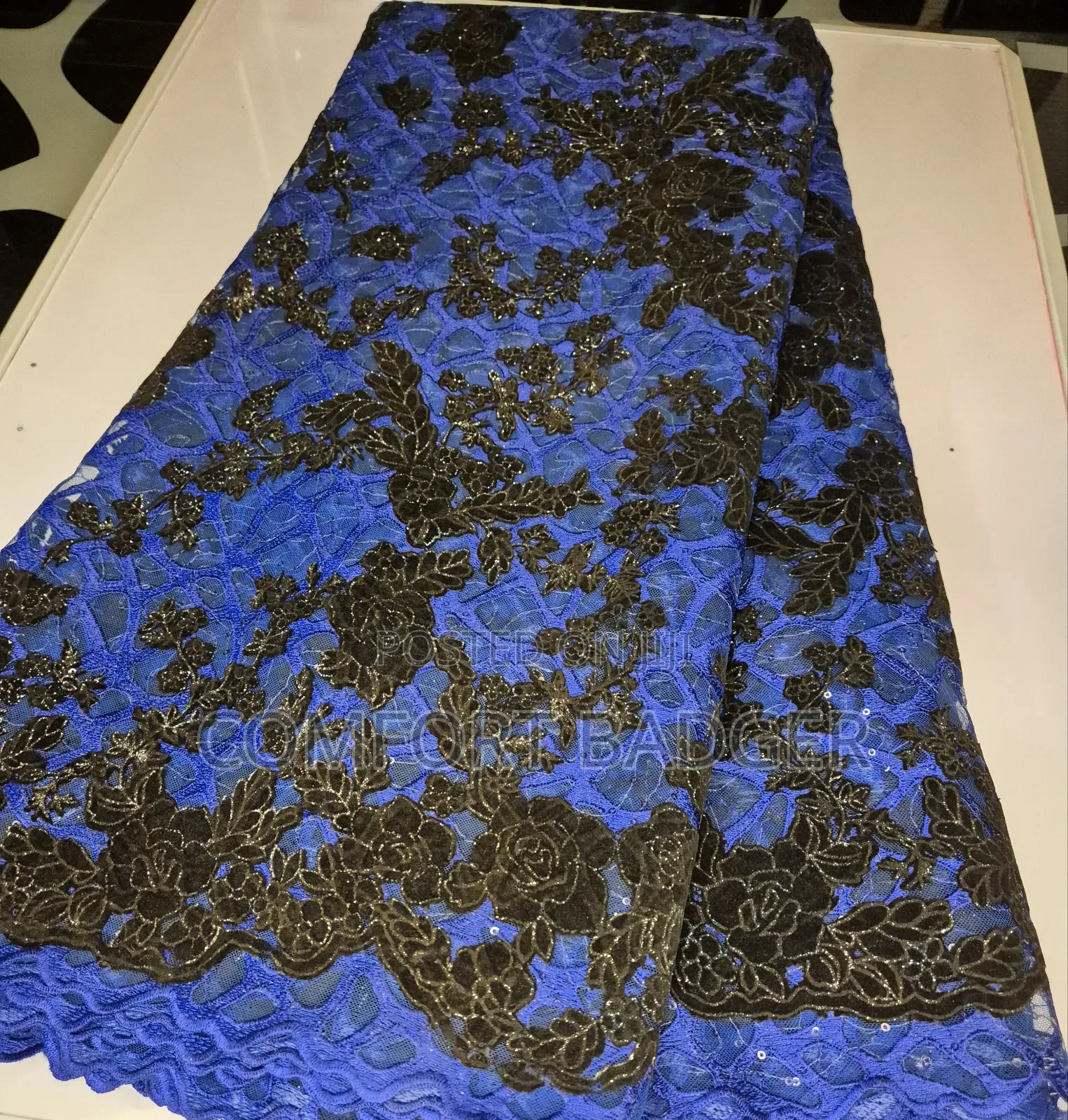 Royal Blue Lace With Floral Velvet Embellishments and Sequin Attached