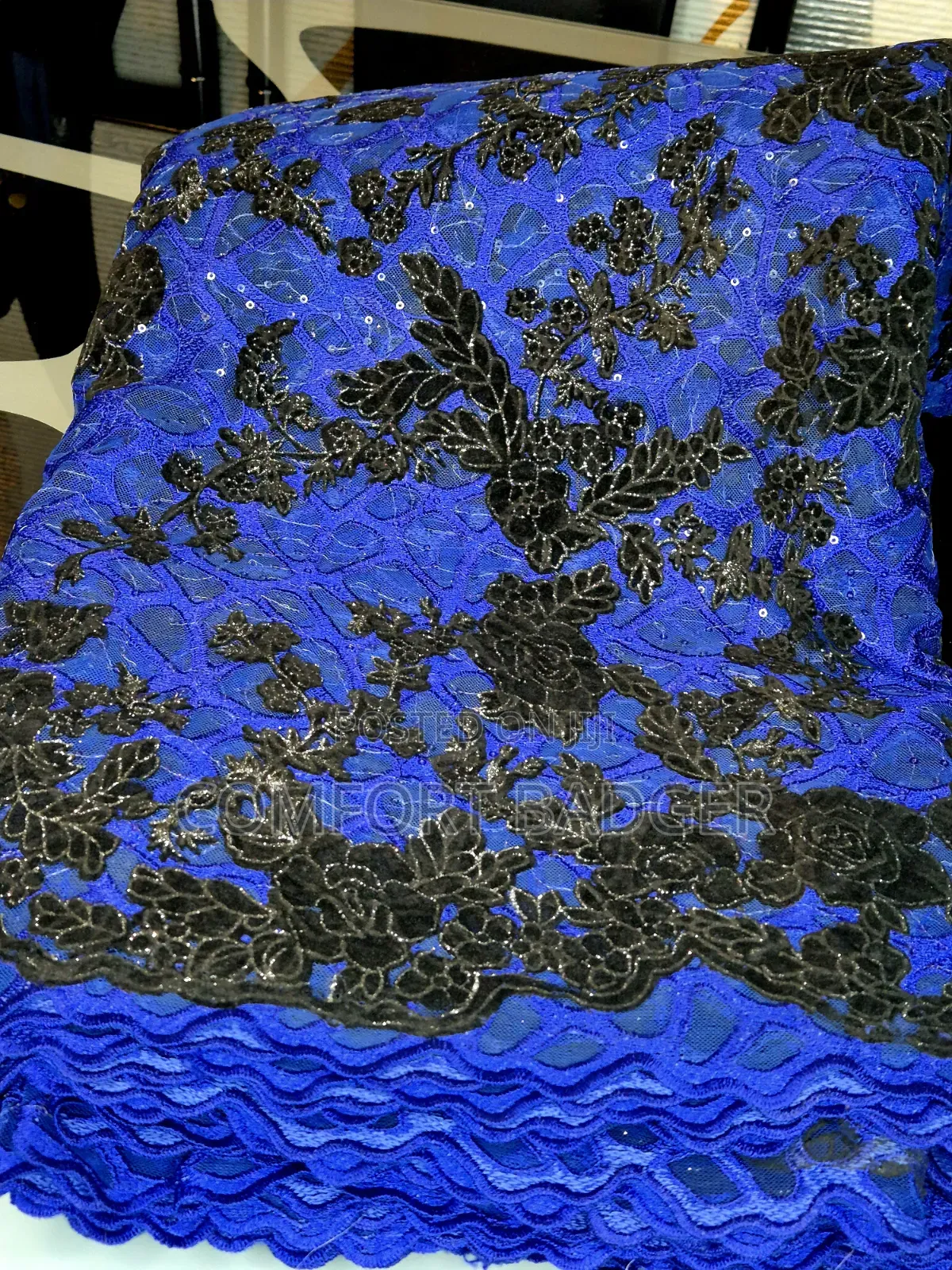 Royal Blue Lace With Floral Velvet Embellishments and Sequin Attached